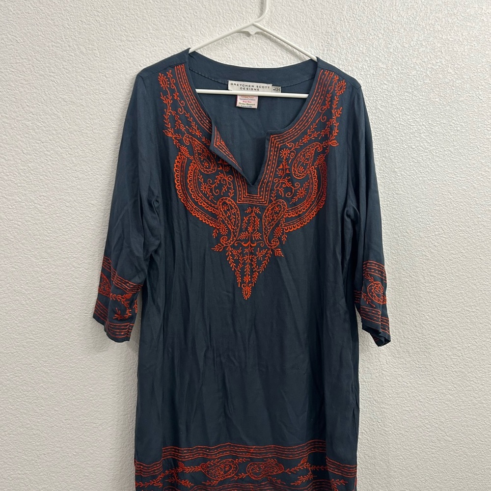 Gretchen Scott Designs Blue Dress with Orange Accents Large Embroidered